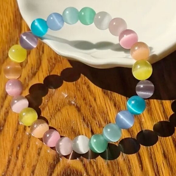 Handmade Cat’s Eye Crystal Bracelet ✦ Multicolor 8mm Beads ✦ Stretch-Fit Boho - Picture 3 of 13